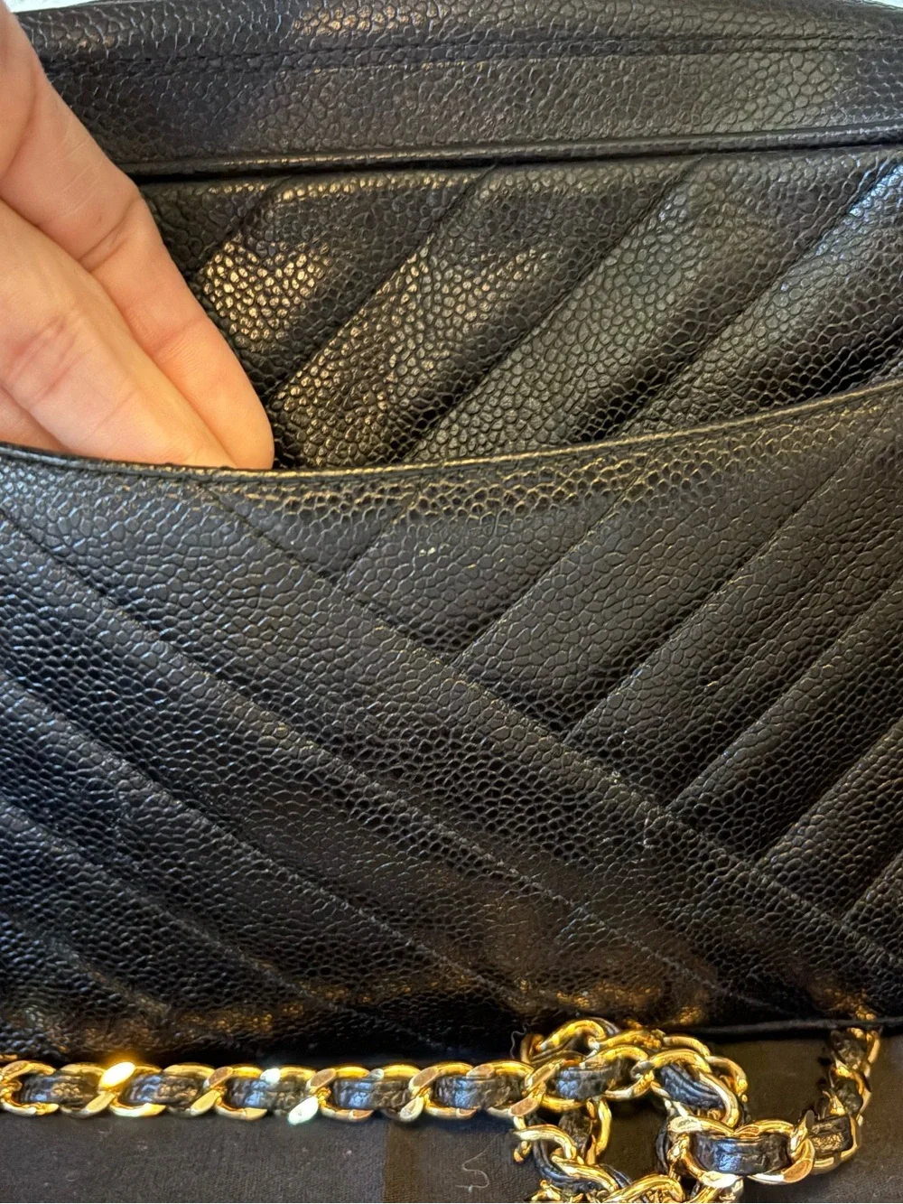 Vintage Chanel Black Quilted Caviar Leather Camera Bag with Gold Chain